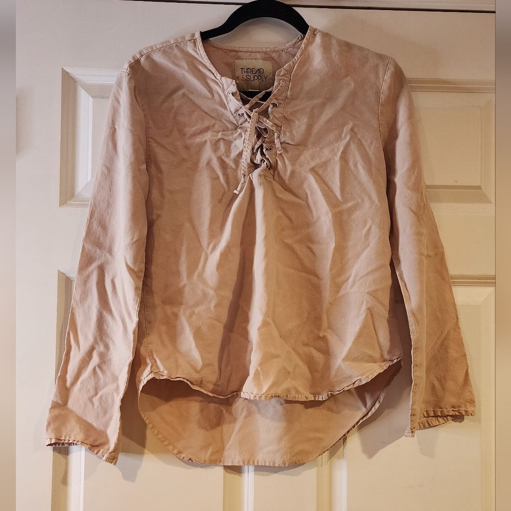 Thread & Supply beige lace up front long sleeve blouse S